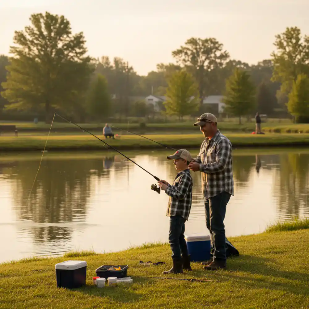 Father and son fishing at a pristine pay-to-fish pond