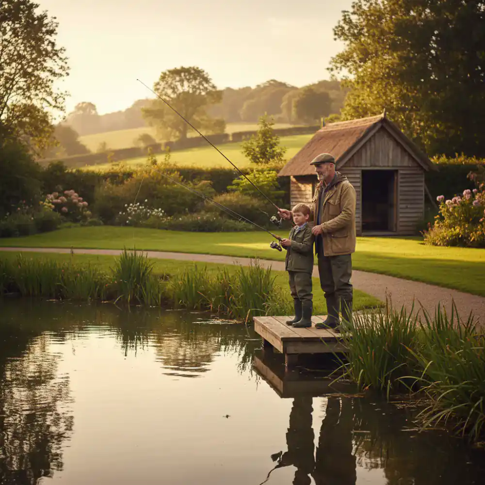 Father and son fishing at a well-kept pond