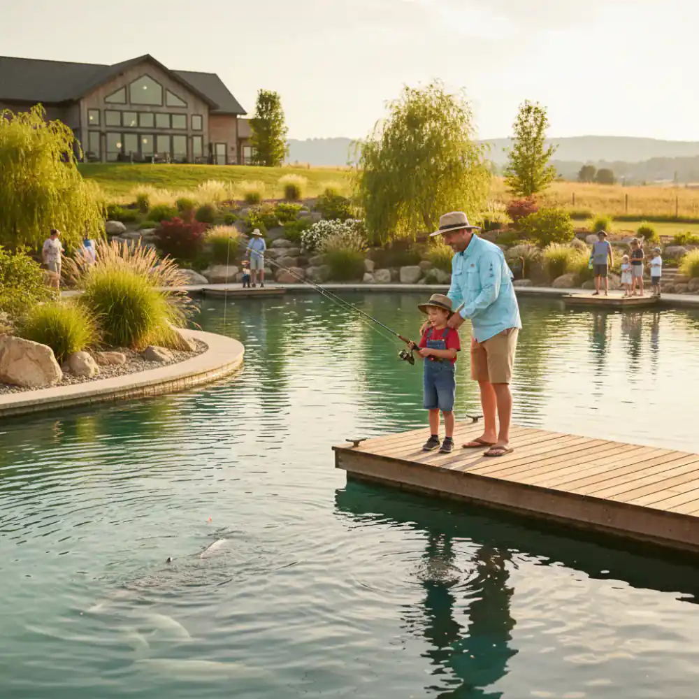 Father and son fishing at a premium pay-to-fish pond