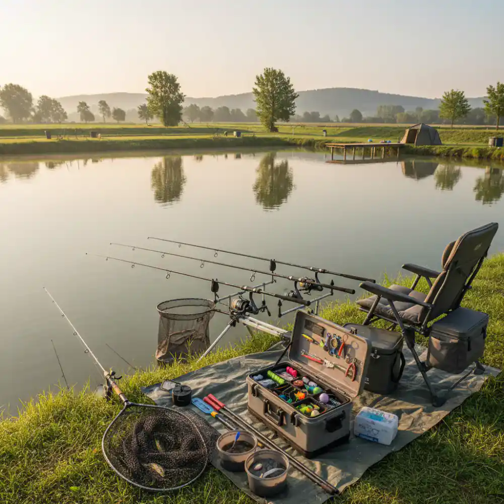 Professional fishing equipment displayed at a commercial pond