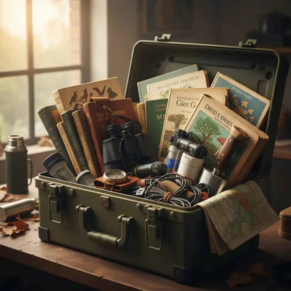 Heavy duty toolkit box filled with field guides and gear